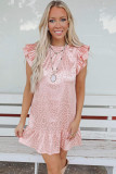 Pink Leopard Satin Ruffled Mini Dress