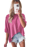 Pink Distressed Bleached Asymmetric Hem Short Sleeve Top