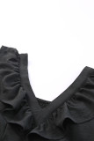Black Ruffle Trim V Neck Smocking Back Mini Dress