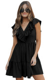 Black Ruffle Trim V Neck Smocking Back Mini Dress