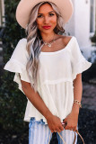 White Ruffled Short Sleeves Crinkled Flowy Top
