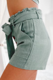 Green Button Fly Belted Paperbag Waist High Waist Casual Shorts