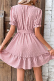 Pink Swiss Dot V Neck Lace Edge Ruffles Dress