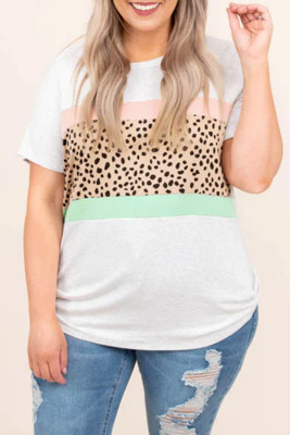 White Leopard Color Block Plus Size T Shirt