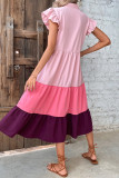 Pink Color Block Flutter Sleeves Tiered Maxi Dress