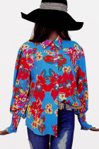 Printed Puff Smocked Cuff Open Button Blouse