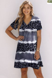 Gray Leopard Color Block V-Neck T-shirt Dress