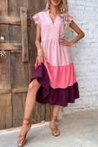 Pink Color Block Flutter Sleeves Tiered Maxi Dress