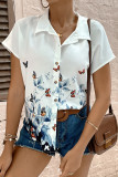 White Button Up Butterfly And Flower Print Shirt 