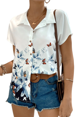 White Button Up Butterfly And Flower Print Shirt 