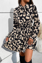 Black Leopard Tie Bow Collar High Waist Mini Dress