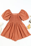 Brown Square Neck Ruched Puff Sleeve Romper