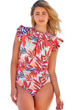 Orange Zipped Front Flutter Sleeves Ruched Tropical One-piece Swimsuit
