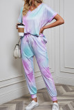 Tie Dye Short Sleeve Top and Drawstring Pants Two Pieces Set 