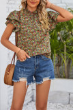 Frilled Collar Tiered Sleeves Floral Blouse