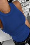 Blue Solid Ribbed Knit Slim Fit Tank Top