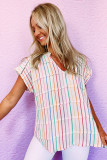 Multicolor Striped Pintuck Tiered Cap Sleeve Blouse