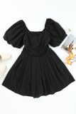 Black Square Neck Ruched Puff Sleeve Romper