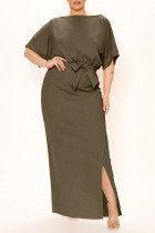 Green Belted High Waist Side Slit Plus Size Maxi Dress