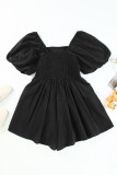 Black Square Neck Ruched Puff Sleeve Romper