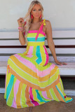 Yellow Color Block Striped Bow Knot Straps Maxi Dress