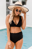 Black Scalloped Trim Ribbed 2pcs Bikini Swimsuit