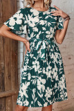Green Floral Flare Sleeves Pleated Midi Dress
