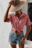 Striped Open Button Short Sleeves Blouse