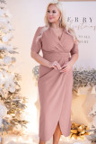 Pink Plus Size Wrap V Neck Slit Hem Midi Dress