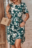 Green Floral Flare Sleeves Pleated Midi Dress