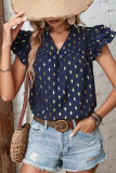 Navy With Foil Print V Neck Puff Tiered Sleeves Blouse