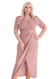 Pink Plus Size Wrap V Neck Slit Hem Midi Dress