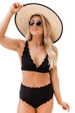 Black Scalloped Trim Ribbed 2pcs Bikini Swimsuit