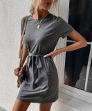 Dark Grey Side Button T-Shirt Dress With Sash