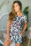 Tie-dye Background Leopard Top and Shorts Lounge Set