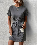 Dark Grey Side Button T-Shirt Dress With Sash
