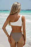 White Asymmetric Color Block Ribbed One Shoulder Bikini Swimsuit