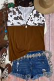 Cow Print Splicing V Neck Buttoned Flutter Sleeves Tank Top