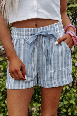 Sky Blue Vertical Stripes Print Shorts with Pockets