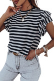 White Stripe Print Tiered Ruffled Sleeve Tee