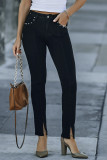 Black Studded Seamed Stitching Slit Leg Skinny Jeans