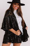 Black Luster Sequin Half Sleeves Draped Open Front Top