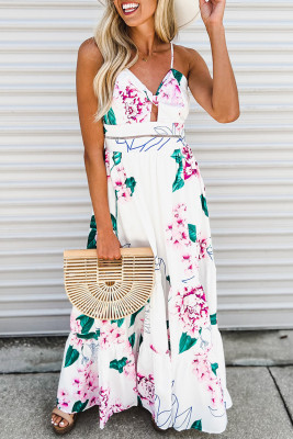 White Floral Twist Cutout Adjustable Straps Maxi Dress