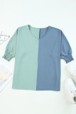 Green Color Block Shirred 3/4 Sleeve V Neck Top