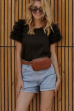 Black Mesh Ruffled Short Sleeve T Shirt