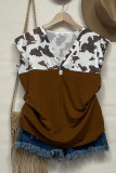 Cow Print Splicing V Neck Buttoned Flutter Sleeves Tank Top