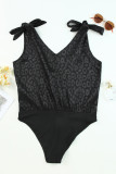 Black Satin Leopard Print Tie Shoulder V Neck Bodysuit