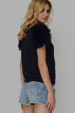 Black Mesh Ruffled Short Sleeve T Shirt