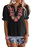 Black Floral Embroidered Ruffled Puff Sleeve Blouse