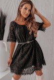 Black Round Neck Short Sleeve Loose Lace Dress